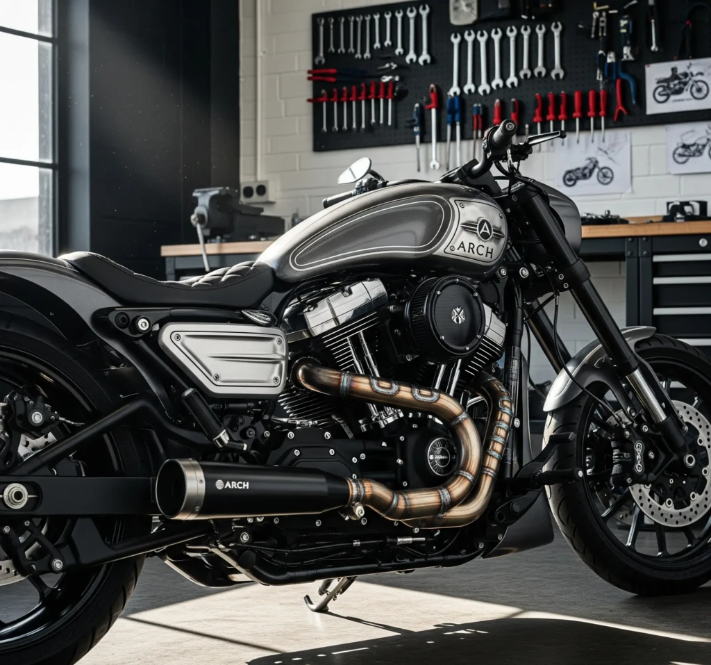 An Arch KRGT-1 motorcycle in a manufacturing workshop, highlighting its custom-made components.
