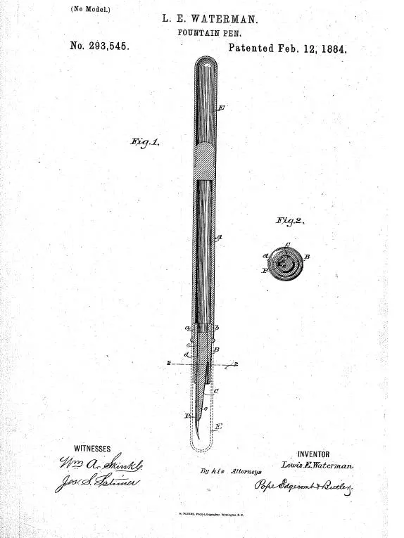 Le dessin du brevet du premier stylo-plume de Lewis E. Waterman, daté du 12 février 1884, montrant une vue en coupe de l'instrument.