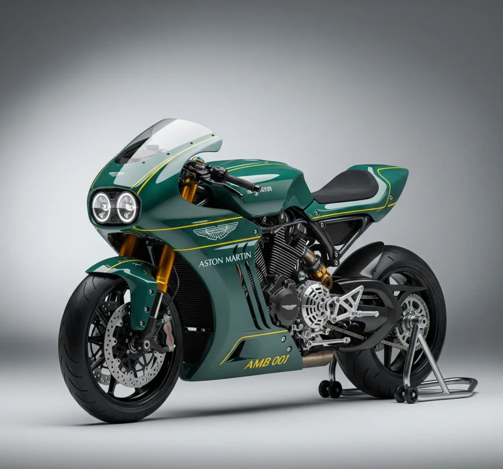 The Brough Superior AMB 001 motorcycle, a collaboration with Aston Martin, in a studio setting.