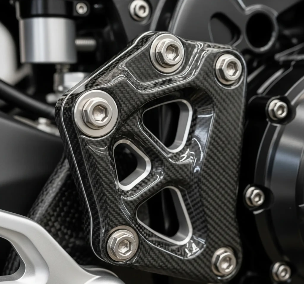 Close-up shot of a luxury motorcycle component made of forged carbon fiber with titanium bolts.