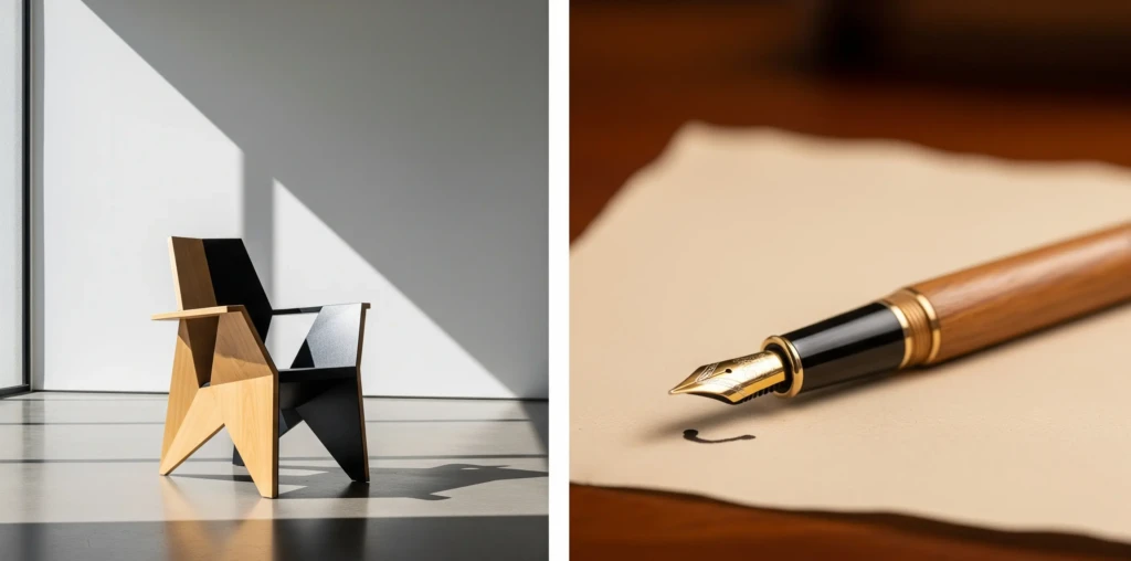 Diptyque de deux panneaux. Le premier montre une chaise design et le second un stylo-plume sur du papier.
