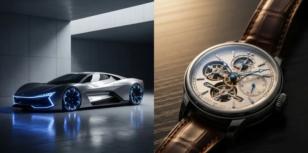 Diptyque de deux panneaux. Le premier montre une voiture futuriste et le second un gros plan d'une montre mécanique haut de gamme.