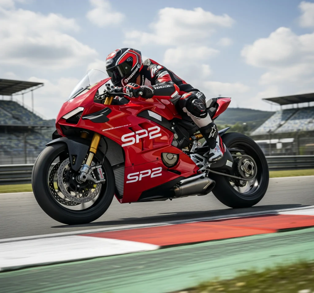 A red and black Ducati Panigale V4 SP2 superbike on a racetrack, ridden by a racer in action.