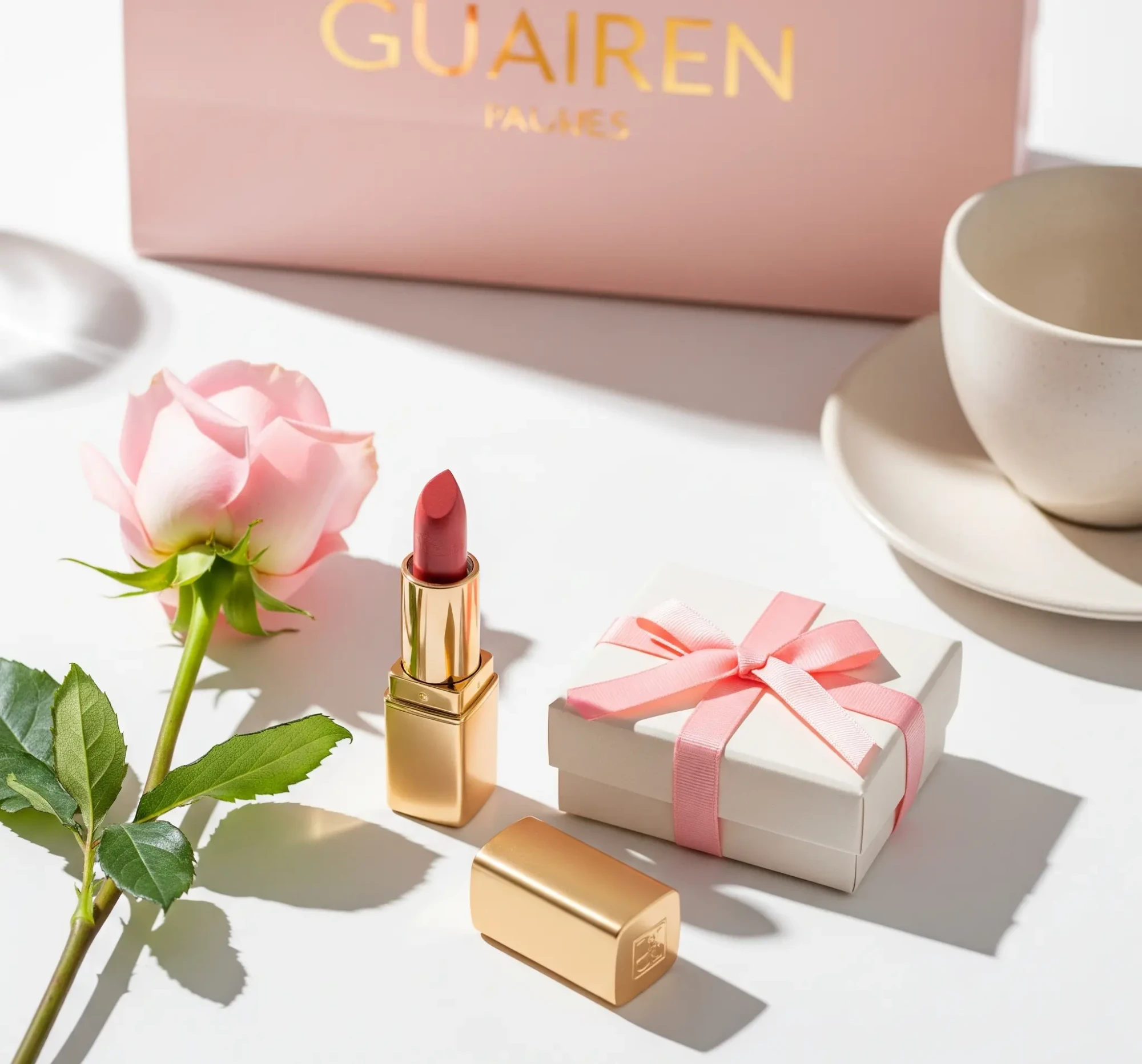 女性の友人へのギフトセットを写したスタイリッシュなフラットレイ写真。高級口紅、ギフトボックス、バラ、ショッピングバッグ、コーヒーカップが含まれています。