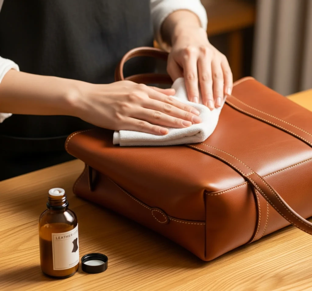 柔らかい布と専用クリームを使って、木製テーブルの上で茶色の革製トートバッグを丁寧に手入れしている人の手。