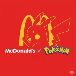 Logo de collaboration entre McDonald's et Pokémon, montrant les arches dorées fusionnées avec le visage de Pikachu sur un fond rouge.