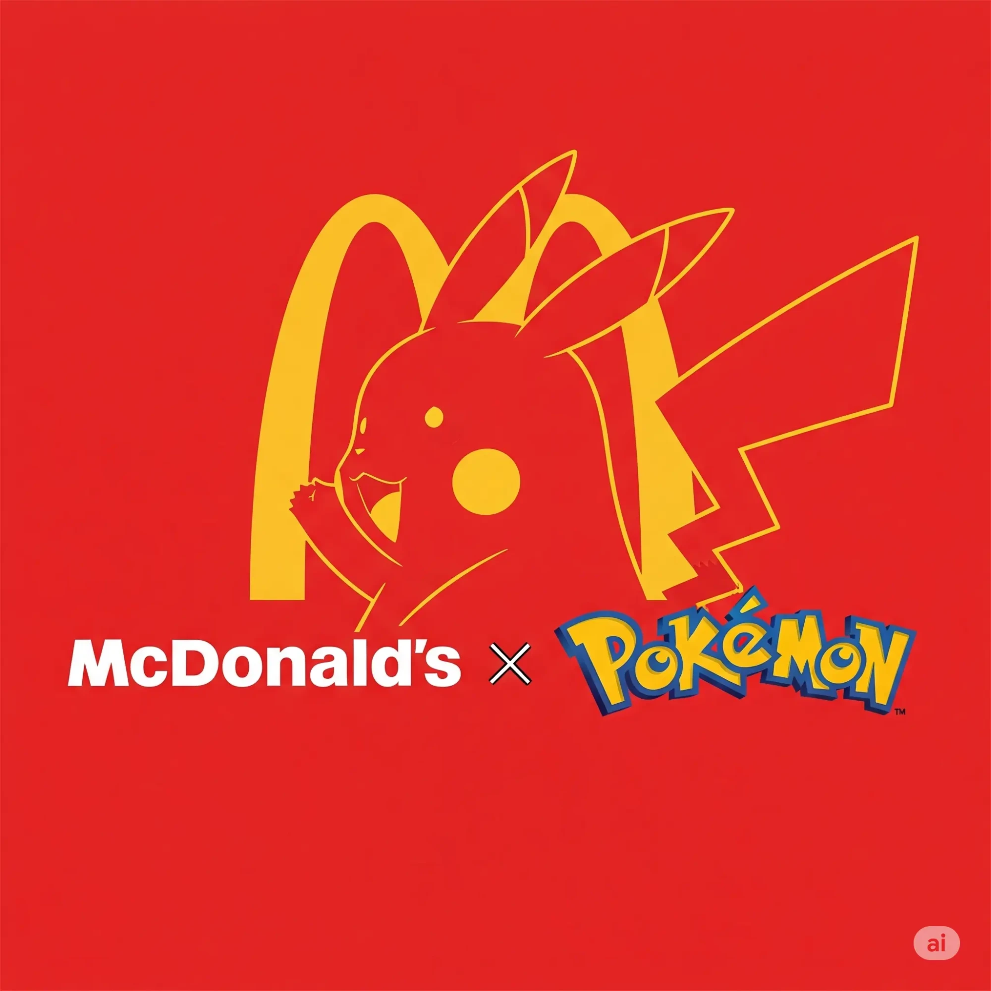 Logo de collaboration entre McDonald's et Pokémon, montrant les arches dorées fusionnées avec le visage de Pikachu sur un fond rouge.