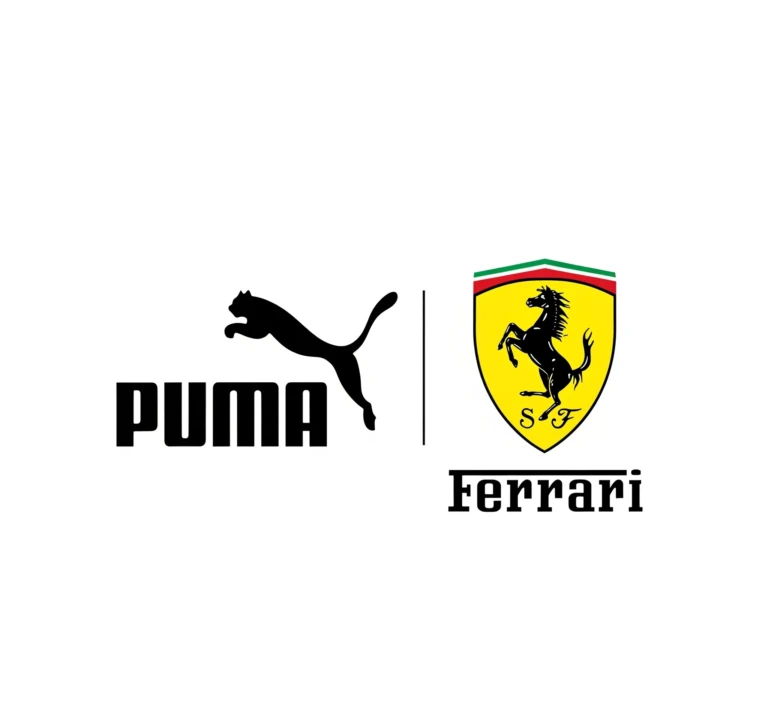 Les logos de Puma et de Ferrari, avec leurs noms respectifs, séparés par une ligne verticale sur un fond blanc.