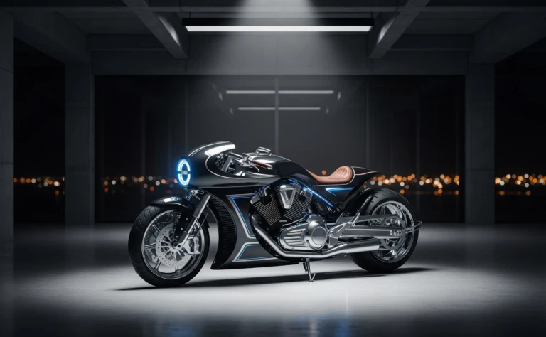 Sleek, futuristic, black, and chrome luxury motorcycle in a high-end, minimalist studio environment.