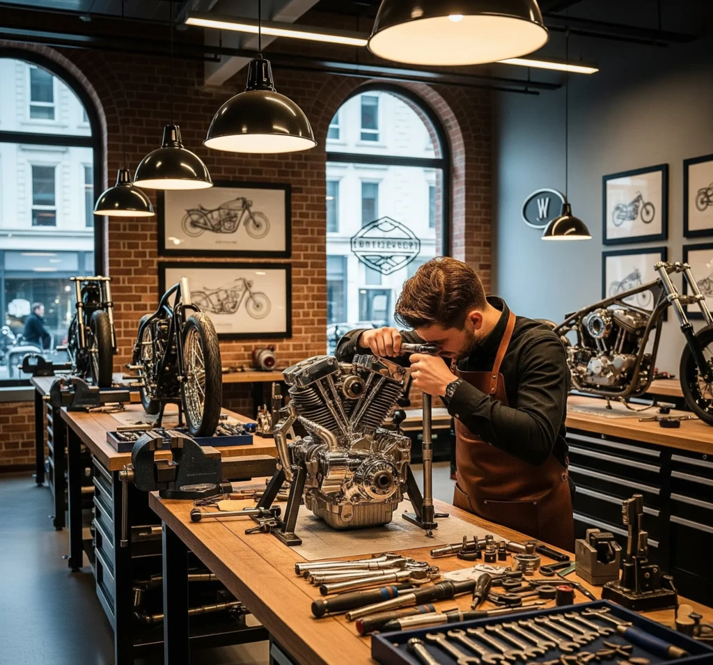 An artisan assembling a motorcycle engine in a luxury workshop, highlighting the manual craftsmanship.