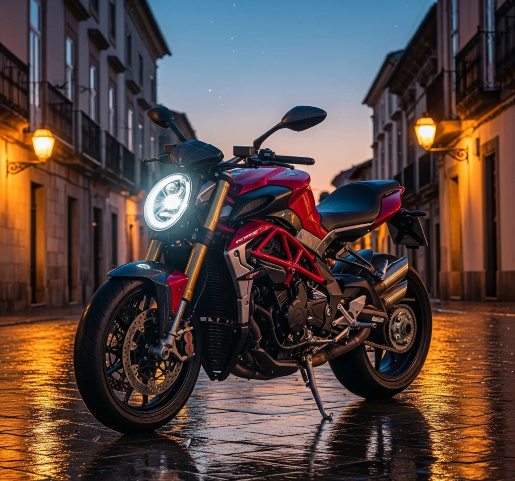 A red MV Agusta Brutale 1000 RR motorcycle parked on a cobblestone street in a European city at dusk.
