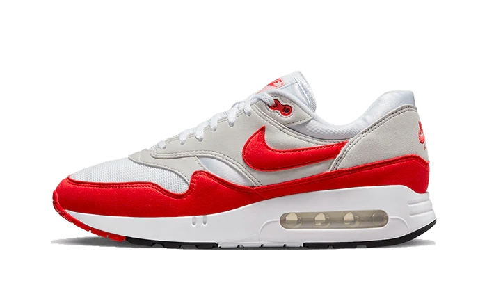 Chaussure Nike Air Max 1 '86 blanche et rouge, avec la "Big Bubble" visible dans la semelle.