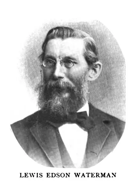 Portrait en noir et blanc de Lewis Edson Waterman, l'inventeur du stylo-plume moderne, avec une barbe et des lunettes.