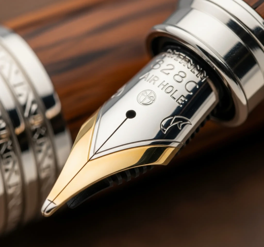 Un gros plan sur la plume bicolore d'un stylo-plume Waterman, avec le nom de la marque et les inscriptions "AIR HOLE" gravés. Le corps est en bois et métal.