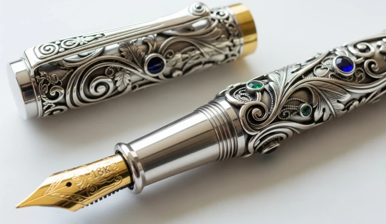 Stylo-plume orné de style Art Nouveau, avec des décorations en filigrane d'argent, des gemmes et une plume en or 18 carats.