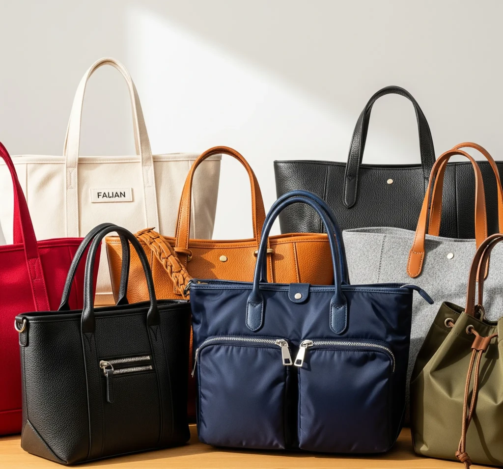 革、キャンバス、ナイロンなど、さまざまなブランドのトートバッグが木製のテーブルに配置されています。