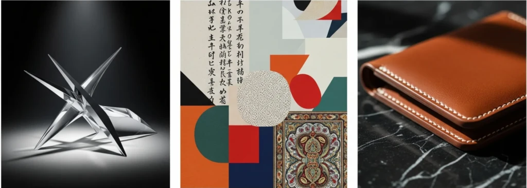 Triptyque de trois panneaux illustrant les piliers du magazine MUGEN Brands : 'Avant-Garde' (une sculpture futuriste), 'Influences' (une composition abstraite de motifs culturels), et 'Lifestyle' (un portefeuille en cuir détaillé).